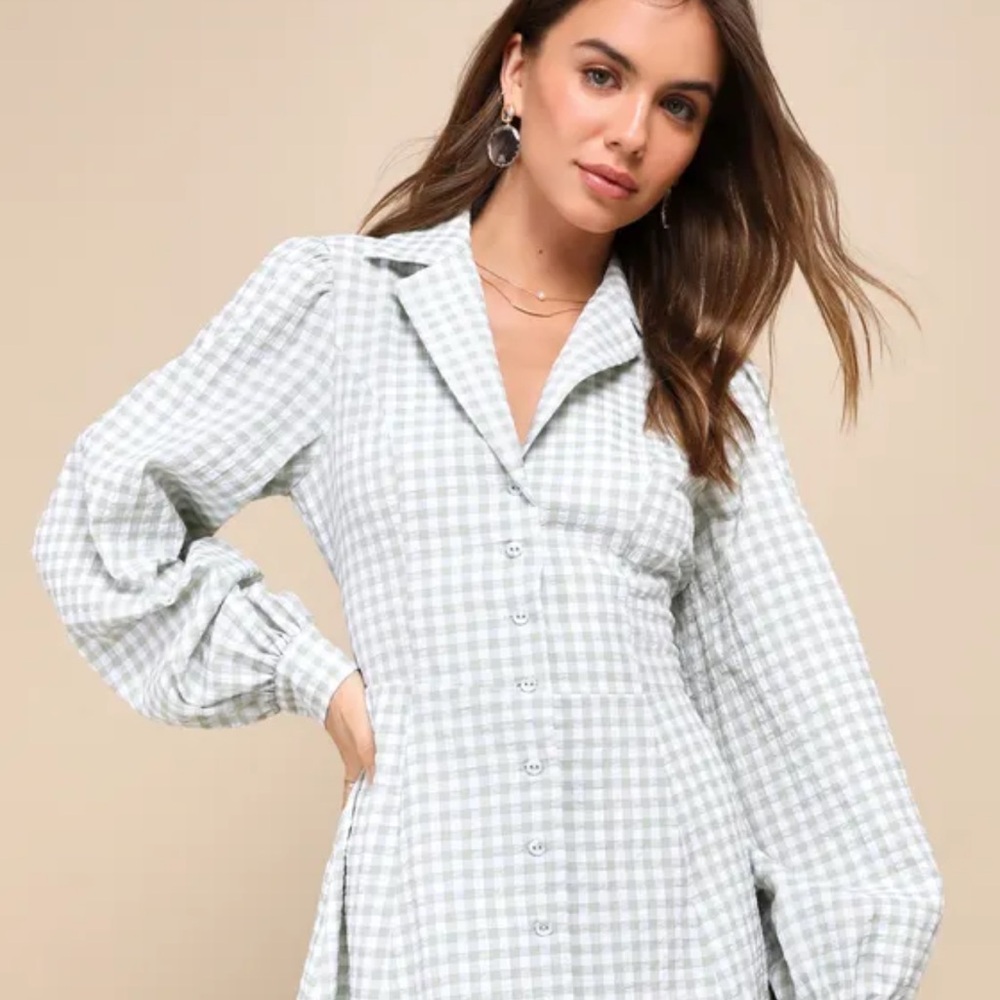 Charming Bliss Green Gingham Collared Backless Sk… - image 1